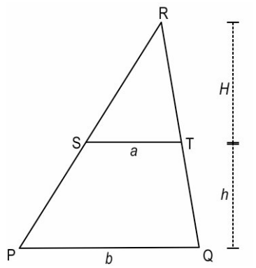 In the figure below, ST || PQ. All measurements are in units.       Prove that the area of the trapezium PQTS is [frac{1}{2} (a+b)h] sq units.