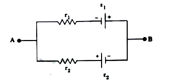 A battery is combination of two or more cells. In the following figure , a single battery is represented in which two cells of emf epsi1 and epsi2 and internal resistance r1 and r2 respectively are connected.      The equivalent emf of this combination is :