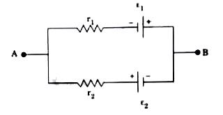 A battery is combination of two or more cells. In the following figure , a single battery is represented in which two cells of emf epsi1 and epsi2 and internal resistance r1 and r2 respectively are connected.      For terminal B to be negative :