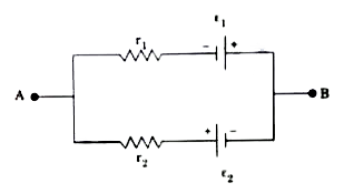 A battery is combination of two or more cells. In the following figure , a single battery is represented in which two cells of emf epsi1 and epsi2 and internal resistance r1 and r2 respectively are connected.      The current in the internal circuit is :