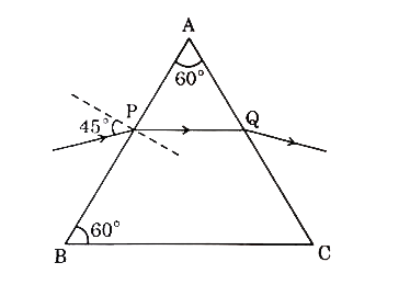 A ray of light is incident on a prism at an angle of 45^(@) and passes symmetrically as shown in the figure. Calculate :      the angle of minimum deviation.