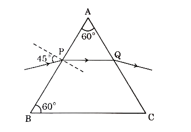 A ray of light is incident on a prism at an angle of 45^(@) and passes symmetrically as shown in the figure. Calculate :      the refractive index of the material of the prism, and