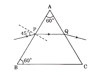 A ray of light is incident on a prism at an angle of 45^(@) and passes symmetrically as shown in the figure. Calculate :      the angle of refraction at the point P.