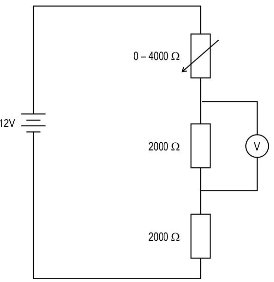 The circuit below consists of a variable resistor connected in series with two 2000 Omega resistors. The variable resistor can be adjusted to any value between 0 - 4000 Omega.      As the resistance of the variable resistor is changed, what is the smallest possible reading on the voltmeter?