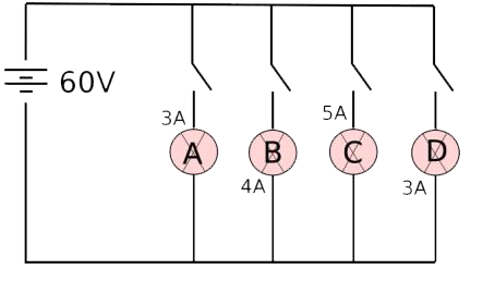 In the given circuit, A, B, C and D are four lamps connected with a battery of 60V.      Analyse the circuit to answer the following questions   (i) What kind of combination are the lamps arranged in (series or parallel)?   (ii) Explain with reference to your above answer, what are the advantages (any two) of this combination of lamps?    (iii) Explain with proper calculations which lamp glows the brightest?   (iv) Find out the total resistance of the circuit.