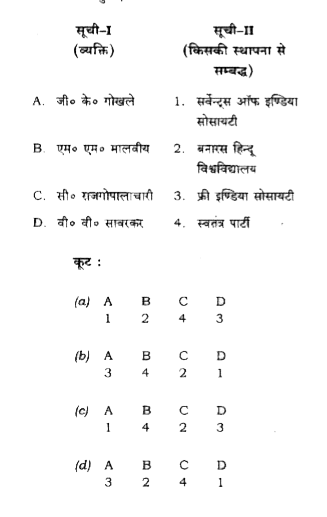 सूची-I को सूची-II के साथ सुमेलित कीजिए और सूचियों के नीचे दिए गए कूट का प्रयोग कर सही उत्तर चुनिए :