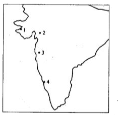 चार शैलरसायनिक केन्द्रोंको उपर्युक्त मानचित्र में अंकों द्वारा दिखाया गया है। निम्नलिखित चार स्थानों के साथ इनको सुमेलित कीजिए और नीचे दिए गये कूट का प्रयोग कर सही उत्तर चुनिए    A. कोयाली    B. ट्रॉम्बे    C. जामनगर    D. मंगलोर कूट :