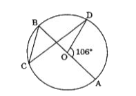 ऊपर दिए गए चित्र में, वृत्त का केंद्र O है और angleAOD = 106^(@) है। angleBCD  किसके बराबर है ?