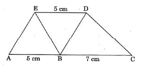 नीचे दी गई आकृति में, AC और ED समान्तर हैं, और  AB = DE = 5 cm तथा BC = 7cm है। क्षेत्रफल ABDE : क्षेत्रफल BDE : क्षेत्रफल BCD किसके बराबर है ?