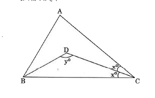 नीचे दी गई आकृति में, angle A = 80^(@)  और  angle ABC = 60^(@) है | BD और CD क्रमश: कोण B और कोण C को द्विभाजित करती हैं । x और y के मान क्रमश: क्या हैं?