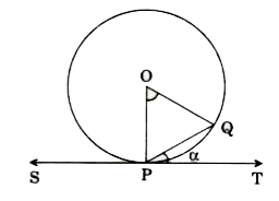 नीचे दिए गए चित्र में, SPT, P पर वृत्त की स्पर्श-रेखा है और O वृत्त का केन्द्र है । यदि angleQPT = α  है, तो angle POQ किसके बराबर है ?