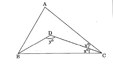 In the figure given below, angle A = 80^(0) and angle  ABC = 60^(@). BD and CD bisect angles B and C respectively. What are the values of x and y respectively?