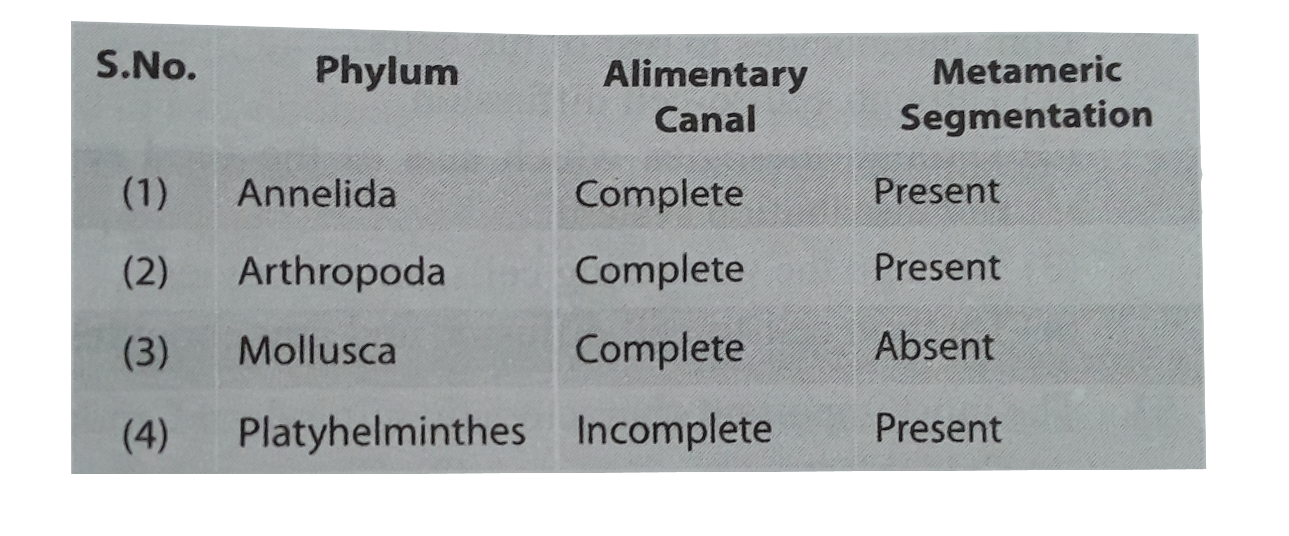 Which of the following is incorect matching of the phylum, their alimentary canal , and metameric segmentation ?