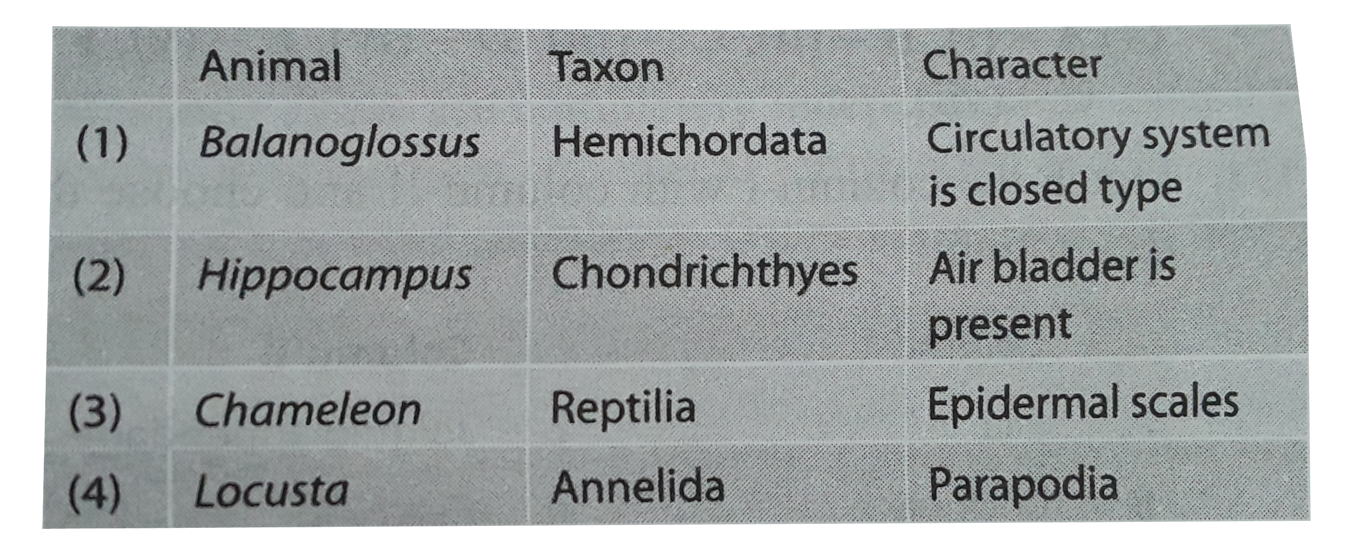 In the given table which animal is correctly matched with its taxon group and character .