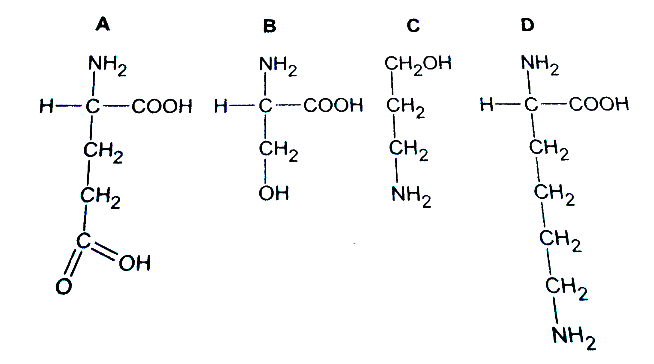 which  one out  of A-D given  below corectly  represents  the  structural  formula  of the  basic  amino acid ?