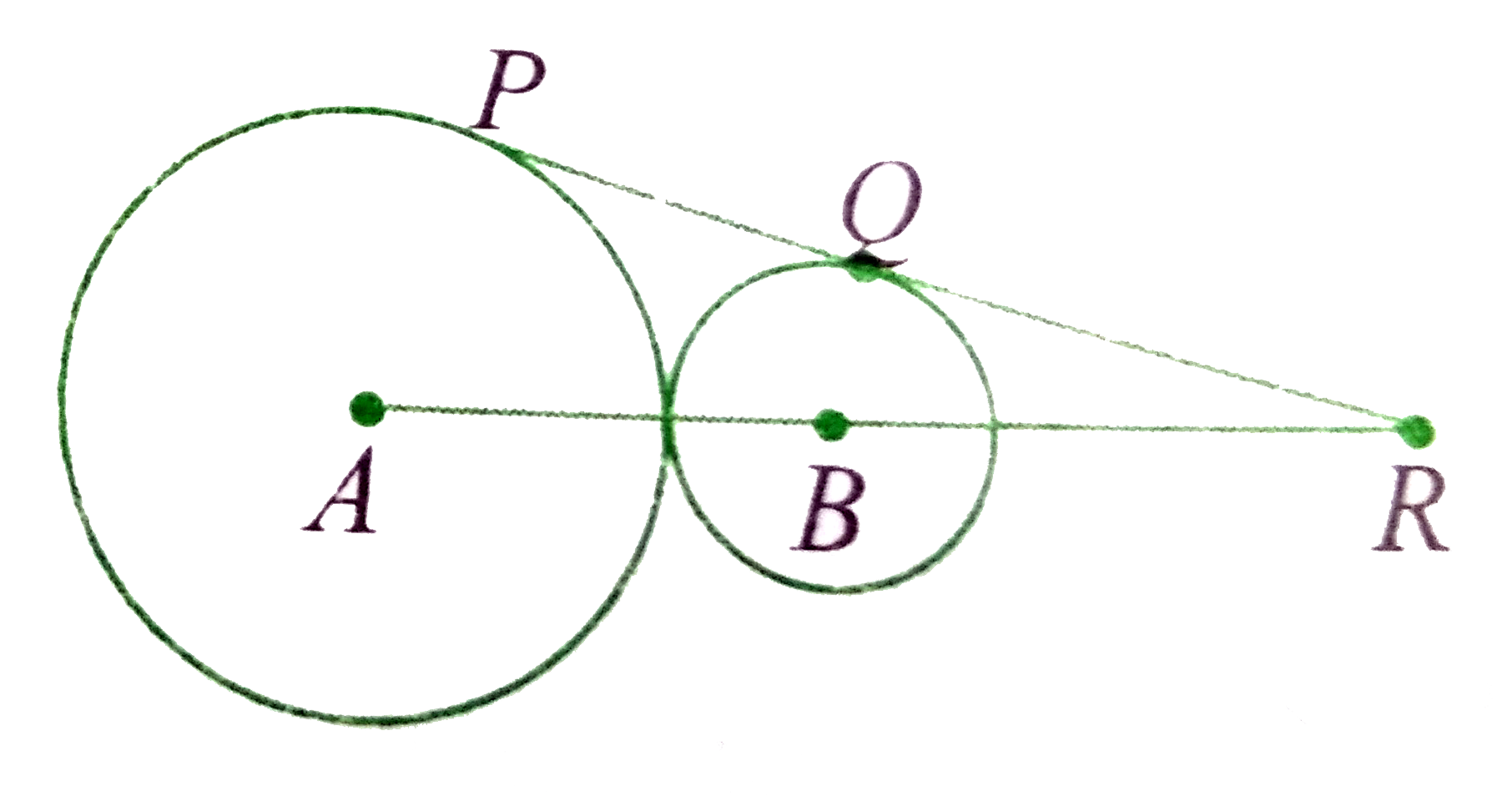In the given figure, there are two circles with centers A and B. The common tangent to the circles touches them, respectively,at P and Q. AR is 40cm and AB is divided by the point of contact of the circles in the ratio 5:3        The radius of the circle with center B is