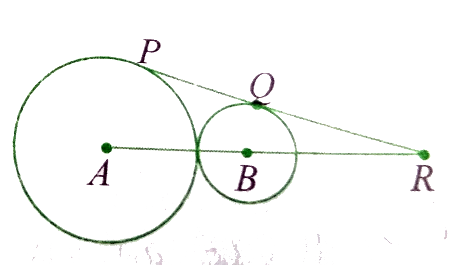 In the given figure, there are two circles with centers A and B. The common tangent to the circles touches them, respectively,at P and Q. AR is 40cm and AB is divided by the point of contact of the circles in the ratio 5:3        The length of QR is