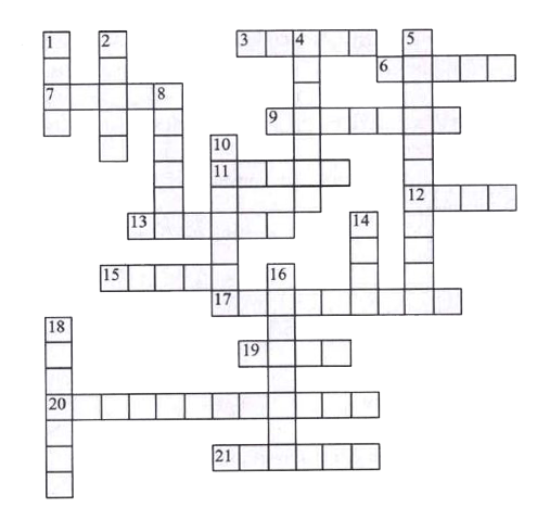 Complete the crossword puzzle using the clues given below:   Across   3. Scientific name for fat and oil. [5]    6. These are used for chewing food. [5]    7. Intestine that absorbs water into bloodstream. [5]    9. Nutrient group containing meat, eggs and beans. [7]    11. Type of acid that makes up proteins. [5]    12. Hole through which faeces pass out of the body. [4]    13. Storage organ for faeces. [6]    15. Fingerlike projections of small intestine. [5]    17. Scientific name for fibre. [9]    19. Hydrochloric is made in the stomach. [4]    20. Nutrient group containing sugar, starch and cellulose. [12]    21. Fluid in mouth. [6]   Down    1. Green chemical that breaks fats into smaller globules. [4]    2. The duodenum is the  part of the small  intestine. [5]    4. Organ at back of mouth where both food and air may pass. [7] 5. Muscular contractions of digestive tract. [11]    8. Chemical that breaks food into smaller particles .[6] 10. juice is found in the stomach. [7]    14. Bladder that stores bile. [4]    16. Fats are broken down to fatty acids and  [8]    18. Example of simple sugar. [7]