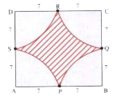 In the above figure, ABCD is a square of side length 14 cm. Area of shaded region will be (pi=(22)/(7))