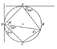 In the figure, ABCD is a cyclic quadrilateral, AX and DY are tangents,  X hat AB = 44^(@) , Y hat D C = 57^(@) ,and B hat D C = 26^(@) . Find the angles of quadrilateral ABCD