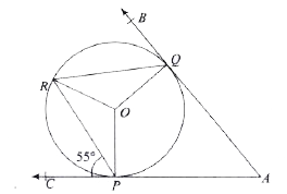 In the given figure, O is the centre of the circle . AC and AB are the tangents to the circular at points P and Q , respectively. Also  angle RPC = 55^(@) and angle RQB = 60^(@)