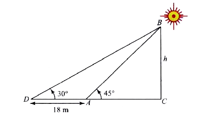 The shadow of a tower standing in a level plane is found to be 18 m shorter when the sun's altitude changes from 30^(@) to 45^(@). Show that the height of the tower is 9(1+sqrt(3))m.