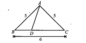 Figure shows triangle A B C such that A B=A C=5, B C= 6. Point D is on B C such that (B D)/(D C)=1/2, then square of length of side A D is