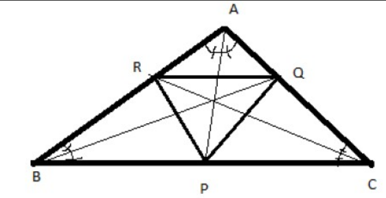 In DeltaABC, P,Q, R are the feet of angle bisectors from the vertices to their opposite sides as shown in the figure. DeltaPQR is constructed      If AB = 7 units, BC = 8 units, AC = 5 units, then the side PQ will be