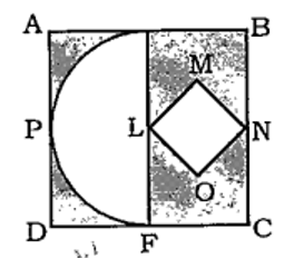 In the given figure, ABCD is a square of side 14cm. E and F are mid points of sides AB and DC respectively. EPF is a semicircle
whose diameter is EF. LMNO is a square. What is the area (in cm^2) of the shaded region?   दी गई आकृति में, ABCD 14 सेमी. भुजा वाला एक वर्ग है। E तथा F क्रमश: AB तथा
DC भुजा के मध्य बिन्दु है। EPF, एक अर्धवृत्त
है जिसका व्यास EF है। LMNO एक वर्ग है।
छायांकित भाग का क्षेत्रफल (सेमी^2 में) क्या है?