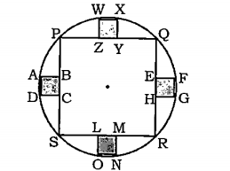 In the given figure, radius of a circle is 14sqrt2 cm. PQRS is a square. EFGH, ABCD, WXYZ and LMNO are four identical squares. What is the total area (in cm^2) of all the small squares?  
दी गई आकृति में, एक वृत्त की त्रिज्या 14sqrt2 
सेमी. है। PQRS एक वर्ग है। EFGH, ABCD, WXYZ तथा LMNO चार समान वर्ग है। सभी छोटे 
वर्गों का कुल क्षेत्रफल (सेमी.^2 में) क्या है ?