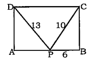 ABCD is a rectangle P is point on the side AB as shown in the given figure. If DP = 13, CP = 10 and BP = 6, then what is the value of AP?  
ABCD एक आयत है। P, भुजा AB पर एक बिन्दु है जैसा की दी गई आकृति में दर्शाया गया है। यदि DP = 13, CP = 10  तथा BP = 6 हो, तो AP का मान क्या है?