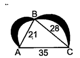 In the given figure, 3 semicircles are drawn on three sides of triangles ABC. AB = 21 cm, BC = 28 cm and AC = 35 cm. What is the area (in cm^2) of the shaded part?  
दी गई आकृति में, त्रिमुज ABC की तीनों भुजाओं पर 3 अर्धवृत्त बनाये गये है। AB =21 से.मी., BC =28 से.मी. तथाAC = 35 से.मी. है। छायांकित भाग का क्षेत्रफल  (से.मी.^2 में) क्या है?