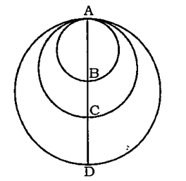 ABCD passes through the  centres of the three circles as shown in the figure. AB=2 cm and CD=1 cm. If the area of middle circle is the average of the areas of the other two circles, then what is the length (in cm)
of BC?  
जैसा कि आकृति में दर्शाया गया है, ABCD तीनों वृत्तों के केन्द्रों से गुजरती है।  AB=2 से, मी. तथा CD=1  से. मी. हैं। यदि मध्य वृत्त का क्षेत्रफल, शेष दोनो वृत्तों के क्षेत्रफलो का औसत है, तो BC की लंबाई (से.मी. में) क्या हैं?