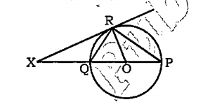 XR is a tangent to the circle. O is the centre of the circle. If angle XRP=120^@, then what is the value (in degrees) of angle QOR?   
XR वृत्त पर एक स्पर्श रेखा है O वृत्त का 
केन्द्र  है। यदि angle XRP=120^@ है, तो angle QOR का मान (डिग्री में) क्या है?