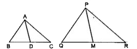 एक त्रिभुज ABC की भुजाएँ AB और BC तथा माध्यिका AD एक अन्य त्रिभुज PQR की क्रमशः भुजाओं PQ और QR तथा माध्यिका PM के समानुपाती हैं। दर्शाइए कि Delta  ABC ~ Delta PQR  है।
