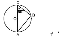 संलग्न आकृति में, AB एक वृत्त की जीवा है तथा AOC वृत्त का व्यास इस प्रकार है कि angleACB = 50^(@) है। यदि AT बिन्दु A पर वृत्त की स्पर्श रेखा है, तो angleBAT बराबर है:
