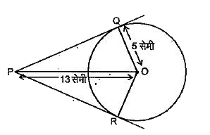 किसी बिन्दु P से,जो त्रिज्या 5 सेमी वाले एक वृत्त के केन्द्र O से 13 सेमी की दूरी पर है, वृत्त पर दो स्पर्श रेखाएँ PQ और PR खींची गई हैं। तब चतुर्भुज PQOR का क्षेत्रफल है