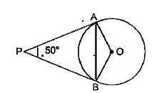 संलग्न आकृति में, यदि PA और PB केन्द्र O वाले वृत्त पर स्पर्श रेखाएँ इस A प्रकार हैं कि angleAPB = 50^(@)  है, तब angleOAB बराबर है :