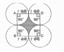 ABCD,14 सेमी भुजा का एक वर्ग है। A, B,C,Dको केन्द्र मानकर चार समान वृत्त इस प्रकार खींचे गए हैं कि प्रत्येक वृत्त शेष तीन वृत्तों में से दो वृत्तों को बाह्य रूप से स्पर्श करता है, जैसा कि चित्र में दर्शाया गया है। छायांकित भाग का क्षेत्रफल ज्ञात कीजिए।