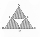 दी गई आकृति में, 10 सेमी भुजा वाले एक समबाहु त्रिभुज के शीर्षों A, B और C को केन्द्र लेकर चाप खींचे गए हैं, जो परस्पर क्रमश: BC, CA और AB के मध्य-बिन्दुओं D,E और F पर प्रतिच्छेद करते हैं। छायांकित क्षेत्र का क्षेत्रफल ज्ञात कीजिए।