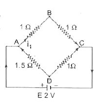 सलगन चित्र में प्रदर्शित परिपथ में व्हीटस्टोन सेतु में सन्धि B व सन्धि D के बीच विभवान्तर ज्ञात कीजिए।