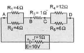चित्र में प्रदर्शित परिपथ का तुल्य प्रतिरोध ज्ञात कीजिए तथा R(3) व R(4) में बहने वाली धाराओं के मान भी ज्ञात कीजिए।