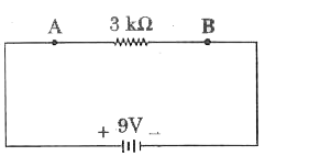 सलगन चित्र में एक 9 वोल्ट की बैटरी को 3 किलोओम प्रतिरोध के साथ जोड़ा गया है।  दो बिन्दुओ (A,B) के बीच (i) 20 किलोओम तथा (ii)1 किलोओम के वोल्टमीटरों की सहायता से विभवान्तर मापा गया। किस वोल्टमीटर में अधिक पाठ होगा ?  गणना द्वारा स्पष्ट कीजिए।