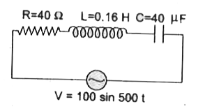 संलग्न चित्र में L-C-R परिपथ प्रदर्शित है। एक प्रत्यावर्ती धारा स्रोत वोल्टता V = 100 sin 500t  परिपथ से जुड़ा है। परिपथ के लिए गणना कीजिए        (i) प्रतिबाधा, (ii) शक्ति गुणांक तथा (iii) धारा का शिखर मान।