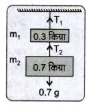 0.3 किग्रा का एक पिण्ड छत से एक हल्की डोरी द्वारा लटकाया गया है। 0.7 किग्रा का दूसरा पिण्ड, प्रथम पिण्ड से दूसरी हल्की डोरी द्वारा लटकाया गया है। दोनों डोरियों में तनाव बलों का परिकलन कीजिए।