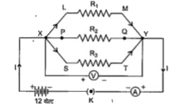 संलग्न चित्र में प्रदर्शित प्रतिरोधों के मान क्रमशः Ri = 5Omega, R2 = 10Omega  तथा R3 = 30Omega  हैं। ये प्रतिरोध 12 वोल्ट की बैटरी से जोड़े गए हैं। परिकलित कीजिए-(i) प्रत्येक प्रतिरोध से प्रवाहित धारा, (ii) परिपथ से प्रवाहित कुल धारा तथा (iii) परिपथ का कुलप्रतिरोधा