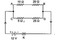 संलग्न चित्र में प्रदर्शित प्रतिरोध व्यवस्था में 12वोल्ट की बैटरी लगाई गई है तो परिकलित कीजिए    व्यवस्था का कुल प्रतिरोध
