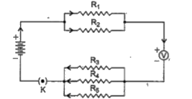 संलग्नचित्र में R1 = 10Omega, R2 = 40Omega, R3 = 30Omega, R4 = 20 Omega तथा R5 = 60Omega  हैं तथा 12 वोल्ट की एक बैटरी इस संयोजन से जुड़ी है। परिकलित कीजिए-(i) परिपथ का कुल प्रतिरोध तथा (ii) परिपथ में प्रवाहित कुलधारा।