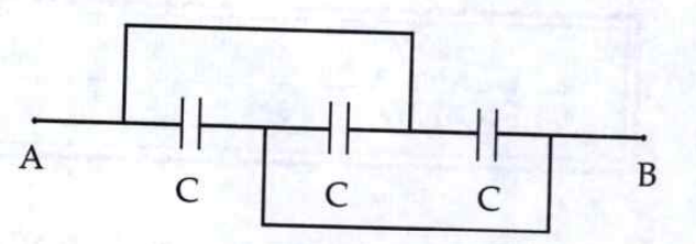 Three equal capacitors are connected as shown in figure. Then the equivalent capacitance between A and B is