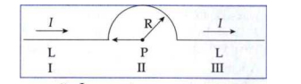 A conductor has 3 segments two straight and of length L each and a semicircular with radius R. It carries a current I. What is the magnetic field B at point P